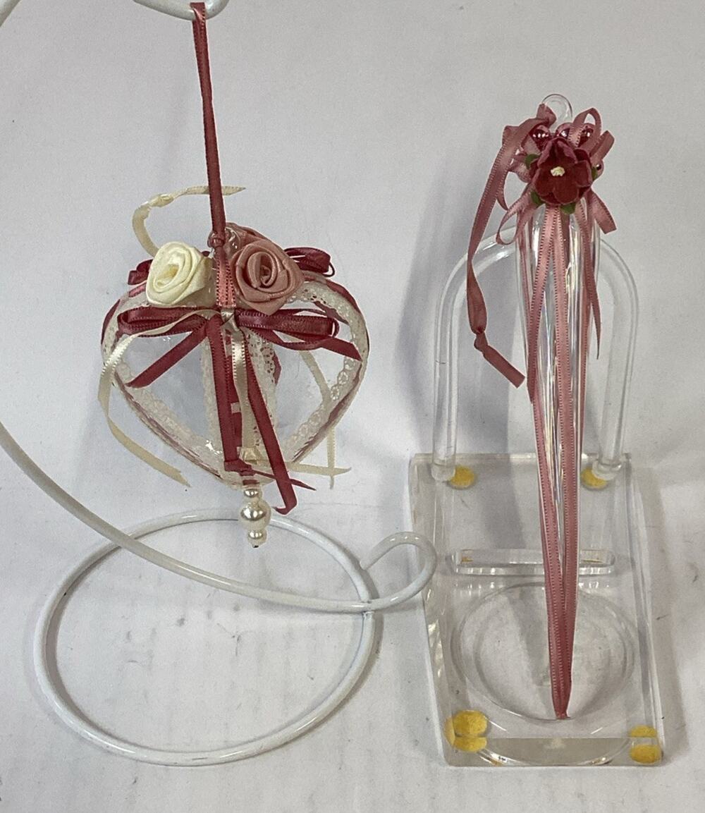Lot of 2 Glass Christmas Ornaments - Heart With Roses And Icicle With Flower